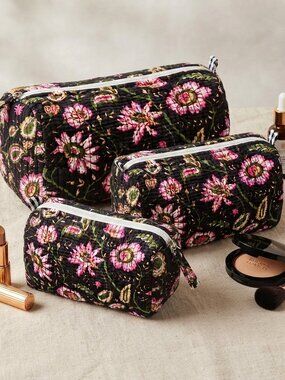 Set Of 3 Block Print Toiletry Bags, Cotton Makeup Bag, Cosmetic Bag Set Gift